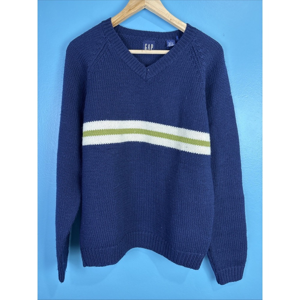 Vintage Gap 100% Wool V Neck Sweater Small Blue With Stripe Old Money 90's